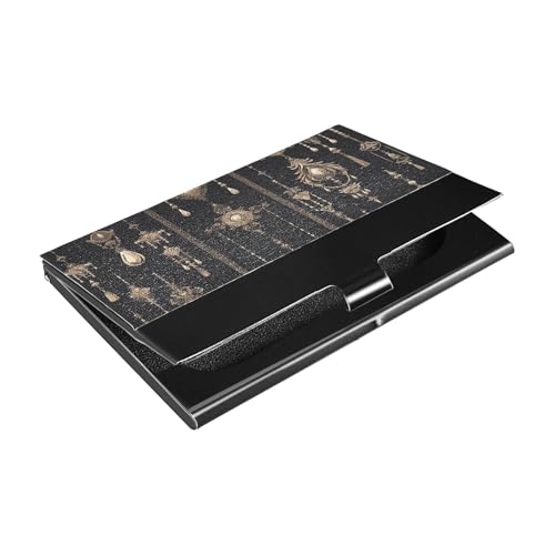 KLL Boho-Visitenkartenetui mit schmaler Kette, Leder, Edelstahl, Kreditkartenetui für Damen oder Herren, Schwarz / goldfarben von KLL