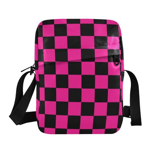 KLL Buffalo Plaid Check Black Deep Pink Small Messenger Bag for Men Vegan Leather Shoulder Bag Shopping Ladies Shoulder Handbags von KLL