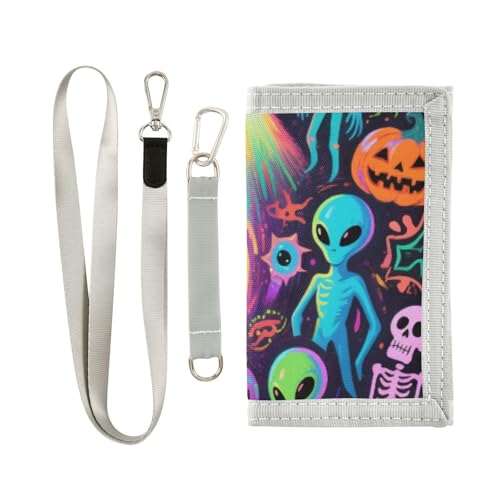KLL Bunte Aliens für Happy Halloween, dreifach gefaltete Herren-Geldbörse für Damen, coole, robuste, schlanke Brieftasche für Herren, mit Umhängeband von KLL
