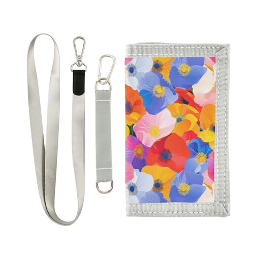 KLL Bunte Blumen, hell, dreifach gefaltet, dünn, für Herren und Damen, minimalistisch, robust, mit Umhängeband von KLL