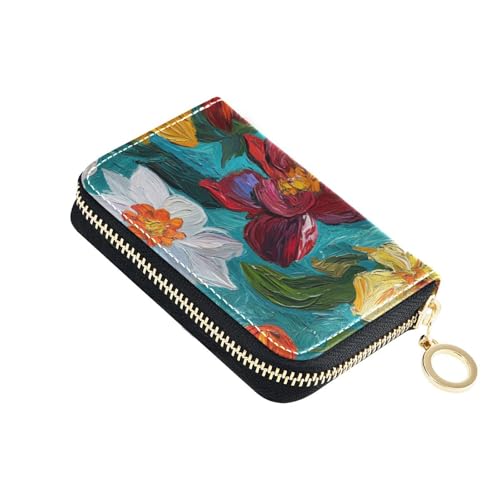 KLL Bunte Blumen Ölgemälde Leder Herren Kartenetui mit 9 Kartenfächern, RFID-blockierend, Kreditkartenetui für Damen mit Reißverschluss von KLL