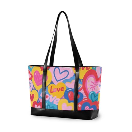 KLL Bunte Cartoon-Herz-Liebe-Tasche für Damen, 35,6 cm (14 Zoll), mit Reißverschlusstasche, 35,6 cm (14 Zoll), große Handtasche für Damen mit Tablet, Bulto Para, Laptop von KLL
