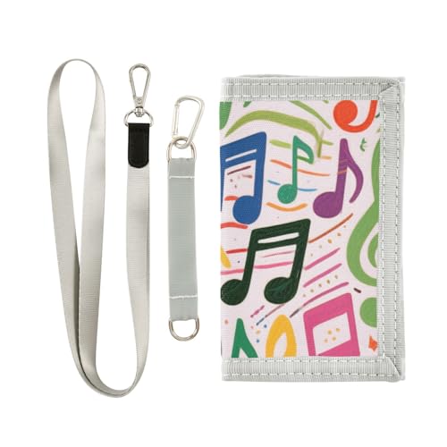 KLL Bunte Cartoon-Musik-Symbole, dreifach gefaltet, dünn, für Herren, cooles Geschenk, minimalistisch, stabile Brieftaschen für Karten und Bargeld, mit Umhängeband von KLL