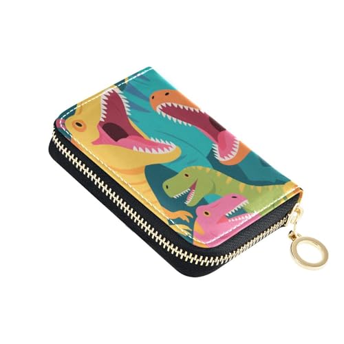KLL Bunte Cartoon-Tier-Dinosaurier-Leder-Herren-Geldbörse mit 9 Kartenfächern, RFID-blockierend, Kreditkartenetui mit Reißverschluss von KLL