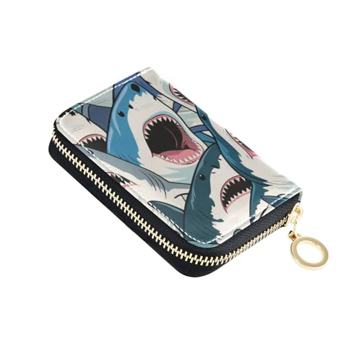 KLL Bunte Cartoon-Tier-Hai-Leder-Herren-Geldbörse mit 9 Kartenfächern, RFID-blockierend, Kreditkartenetui mit Reißverschluss von KLL