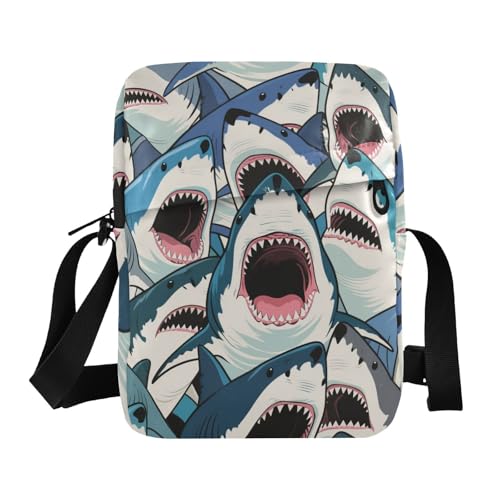 KLL Bunte Cartoon-Tier-Hai-Umhängetasche, veganes Leder, für Herren, Umhängetasche, klein, legere Damen-Schulterhandtasche von KLL