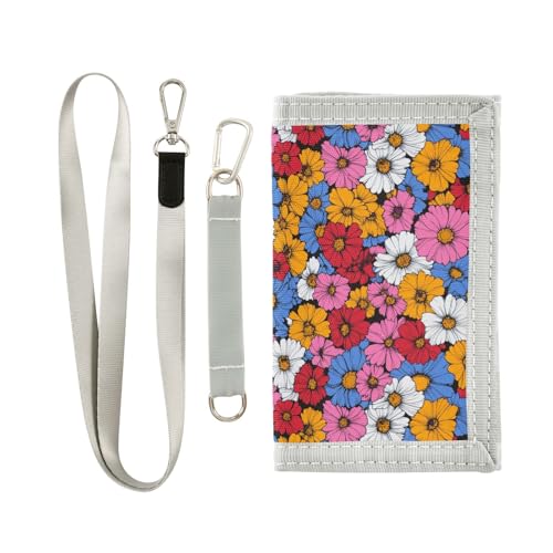 KLL Bunte Geldbörse mit Gänseblümchen-Motiv, dreifach gefaltet, für Herren, minimalistisch, leicht, Geldklammer für Herren, mit Umhängeband von KLL