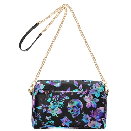 KLL Bunte fluoreszierende Totenköpfe und Blumen, Gothic-Fantasie-Stil, modische kleine Umhängetasche für Damen, veganes Leder, Geldbörse für Teenager, wasserdicht, Schultertasche von KLL