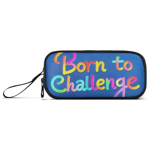KLL Buntes Federmäppchen mit Aufschrift "Born to Challenge", Nylon, groß, mit Reißverschluss, hohe Kapazität, College-Federmäppchen, Schreibwaren-Tasche für elementare Teenager, Mädchen von KLL