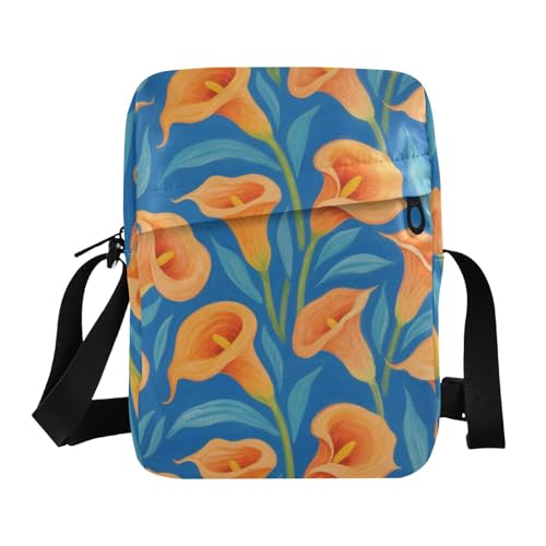 KLL Calla Lilies Herren-Umhängetasche, veganes Leder, Einkaufstasche für Reisen, Orange und Blau von KLL