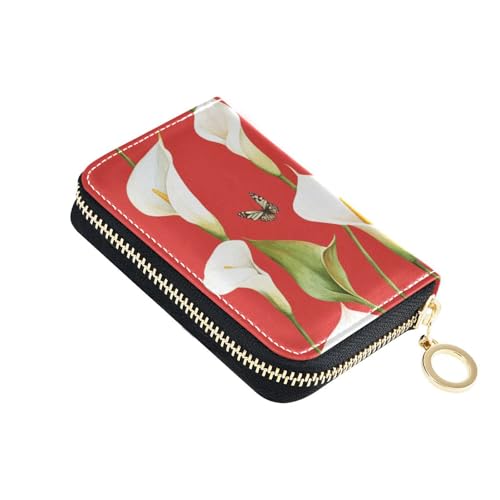 KLL Cartoon Calla Lily Kleines Kreditkartenetui aus Leder, mit 9 Kartenfächern, RFID-blockierend, mit Reißverschluss, Rot von KLL