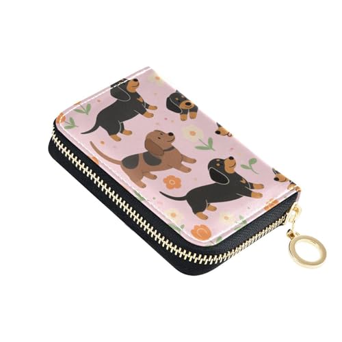 KLL Cartoon Cute Dackel Dogs Flowers Leather Women's Card Holder Wallets with 9 Card Slot RFID Blocking Men Card Holder with Zipper von KLL