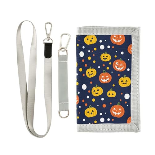 KLL Cartoon-Geldbörse für Herren, niedlich, gelb, Weihnachts-Kürbis-Motiv, dreifach gefaltet, minimalistisch, lässig, schmal, mit Umhängeband von KLL