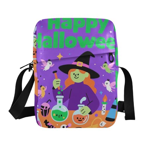 KLL Cartoon Halloween Hexe Herren Messenger Bag Vegan Leder Schulter Crossover Bag Casual Shoulder Handtasche von KLL