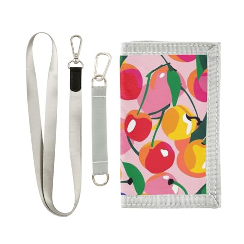 KLL Cartoon-Kirschen-Geldbörse mit dreifach gefalteter Geldklammer für Damen, trendig, leicht, schmal, mit Umhängeband von KLL