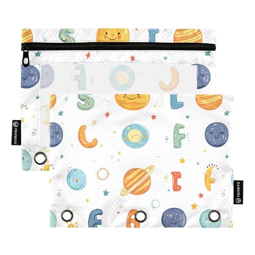 KLL Cartoon Outer Planets Alphabet White Binder Pocket Plastic Pencil Case for Binder Folder with Three Rings for Children Storage Container von KLL