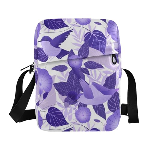 KLL Cartoon Purple Morning Glory Flowers Birds Messenger Bag for Men Vegan Leather Small Crossbody Bag Women Casual Shoulder Handtaschen von KLL