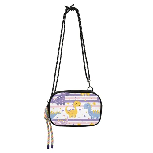 KLL Cartoon-Umhängetasche mit niedlichen Dinosauriern, hellviolette Streifen, klein, schwarz, für Herren, modisch, mit Kreditkartenfächern, kleine Handtaschen, Datum von KLL
