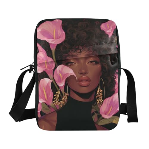 KLL Chic Black Woman Pink Calla Lilies Messenger Bags Vegan Leather Small Crossbody Bag For Women Travel Lady Shoulder Handtaschen von KLL