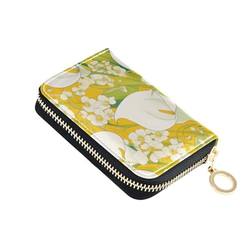 KLL Chic Calla Lily Lemon Yellow Light Green Leather Small Card Wallet Woman with 9 Card Slot RFID Blocking Credit Card Holder for Women with Zipper von KLL