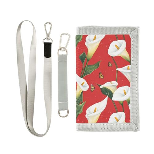 KLL Chic Calla Lily Red Trifold Travel Wallet for Men for Male Nylon Lightweight Wallets with Money Clip with Lanyard von KLL
