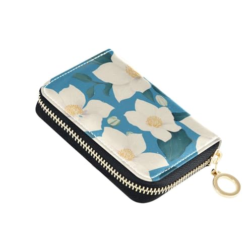 KLL Chic White Clematis Flowers Teal Background Leather Wallet for Card with Cion Purse RFID Blocking Card Holder for Men with Zipper von KLL