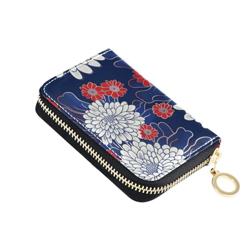 KLL Chrysantheme Retro Dunkelblau Leder Geldbörse Kartenetui Damen mit 9 Kartensteckplätzen RFID Blocking Kreditkartenbuch mit Reißverschluss von KLL