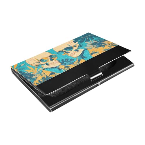 KLL Cool Human Skulls Orange Green Leaves Slim Card Holder for Business Card with Leather and Stainless Steel Credit Card Holder for Travel Home or Office Use portatarjetas para hombre von KLL