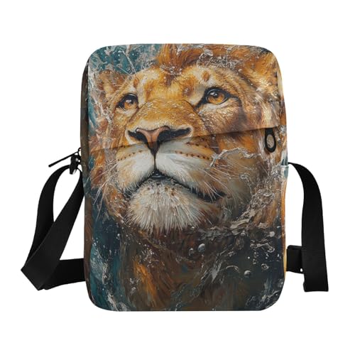KLL Cool Lion in Water Oil Painting Herren Kuriertasche Crossbody Veganes Leder Kleine Umhängetasche für Damen Shopping Schultertasche Handtasche von KLL
