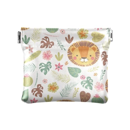 KLL Damen-Geldbörse aus Leder, ausgefallener Schmuck für Frauen, niedliches Löwen-Tier, tropische Pflanzen, niedliches Löwen-Tier, tropische Pflanzen, 11 cm (L) x 9,5 cm (B) x 1 cm (H), Druck, von KLL