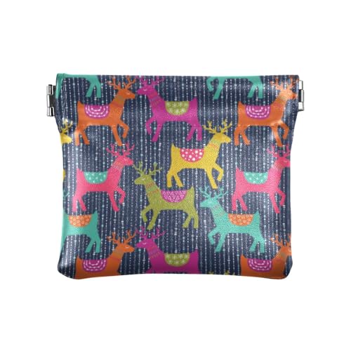 KLL Damen-Geldbörse aus Leder, wasserdicht, Kleingeldbörse mit Verschluss, für Damen, Jungen, Mädchen, Frohe Weihnachten, bunte Rentiere, Frohe Weihnachten bunte Rentiere, 4.33"(L) x 3.74"(W) x von KLL