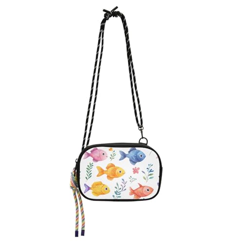 KLL Damen-Geldbörse mit lustigem Cartoon-Fisch, für Herren, praktisch mit verstellbarem Riemen, Schultertasche, für eine Mahlzeit, Weiß von KLL