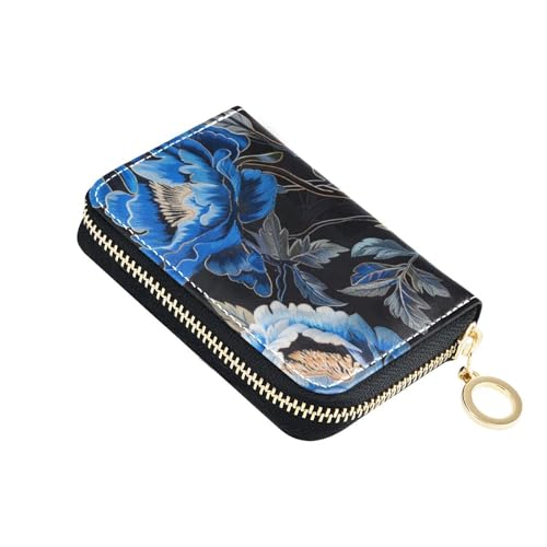KLL Damen Kartenetui aus Leder mit 2 Geldfächern, RFID-blockierend, mit Reißverschluss, Schwarz mit blauer Pfingstrosen-Stickerei von KLL