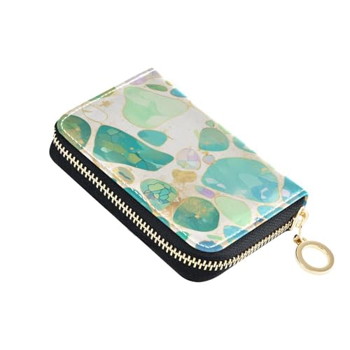 KLL Damen Kartenetui mit 2 Geldfächern, RFID-blockierend, mit Reißverschluss, Sommergrün mit türkisfarbenen Steinen, Leder von KLL