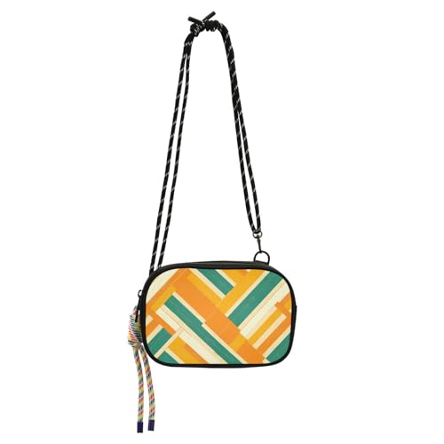 KLL Damen-Umhängetasche, geometrisches gerades Linienmuster, klein, schwarz, mit verstellbarem Riemen, lässige Handy-Brusttasche, Datum, Orange und Grün von KLL