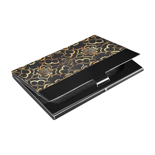 KLL Dijia0244_Traditional_Chinese Black Gold Floral Ultradünnes Outdoor Visitenkartenetui mit Leder und Edelstahl Kreditkartenetui für Geschäftstreffen, Verwendung tarjetero para Hombre von KLL