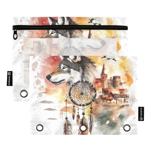 KLL Dream Catchers Tribal Wolf Kleine Western Town Bindertasche Transparent Federmäppchen für 3 Ringe Binder Tasche mit Reißverschluss für Kinder Schreibwaren Organizer Upplies von KLL