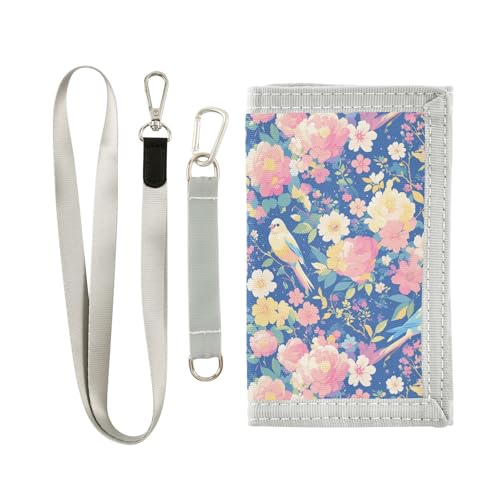 KLL Dreifach gefaltete Geldbörse mit Blumen- und Vogelmotiv für Herren, für Kreditkarten, schlicht, lässig, mit Umhängeband von KLL