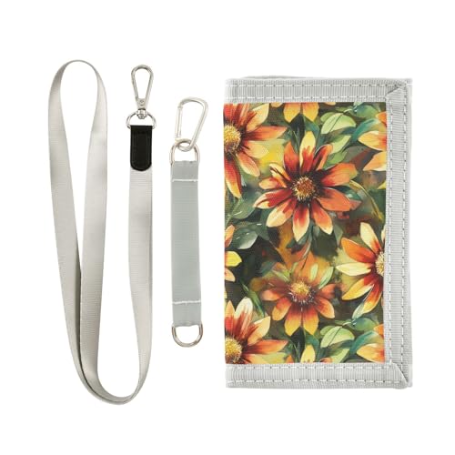 KLL Dreifach gefaltete Geldbörse mit Geldklammer für Damen, Motiv: Blumen, Ölgemälde, mit Umhängeband von KLL