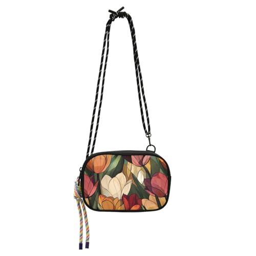 KLL Elegante Retro-Umhängetasche mit Tulpen-Kunst, für Herren, mit Kreditkartenfächern, Mini-Schultertasche für Wandern, Reisen von KLL