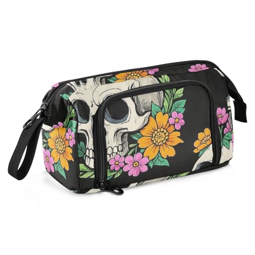 KLL Federmäppchen, Motiv: Totenkopf, großes Fassungsvermögen, adretter Schulbedarf mit Reißverschluss, für Damen von KLL