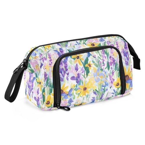 KLL Federmäppchen Große Kapazität Hüllen mit Bleistift Multifunktional Federmäppchen für Erwachsene für Erwachsene High School Frühling Blumen Sonnenblume Iris Weiß von KLL