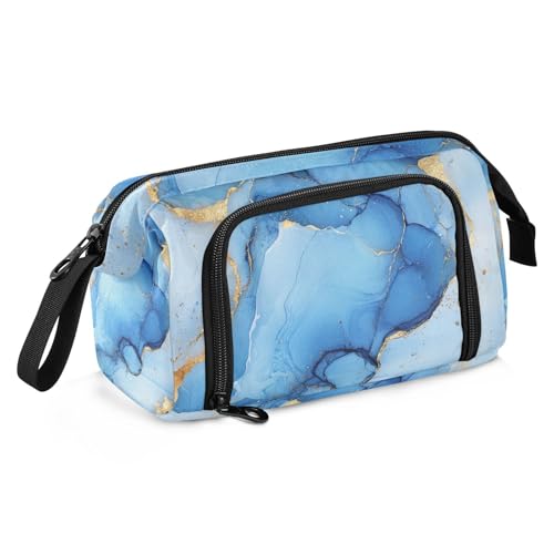 KLL Federmäppchen Große Kapazität Stehendes Federmäppchen mit Reißverschluss Etui mit Stifthalter für Mädchen High School Marmor Blau Weiß von KLL