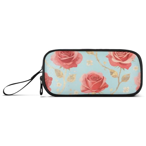 KLL Federmäppchen aus Nylon mit roten Rosen und Blumen, große Kapazität, Kunst-Federmäppchen, Schreibwaren-Tasche für Mittelschule, Teenager, Mädchen von KLL