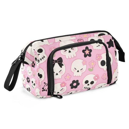 KLL Federmäppchen für Halloween, Motiv: weißer Totenkopf und Blumen, großes Fassungsvermögen, Federmäppchen mit Griff für Herren, adretter Schulbedarf von KLL