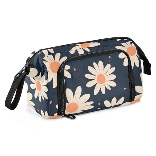 KLL Federmäppchen im Retro-Stil, Gänseblümchen, Marineblau und Pfirsich, großes Fassungsvermögen, Reißverschluss, Federmäppchen mit Schlitz für Teenager, Jungen, adrette Schule von KLL
