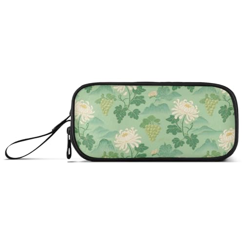 KLL Federmäppchen im chinesischen Stil mit Blume, Chrysantheme, Salbeigrün, Nylon-Federmäppchen für Teenager, hohe Kapazität, Federmäppchen mit Fächern, Schulbedarf für Frauen der Mittelschule von KLL