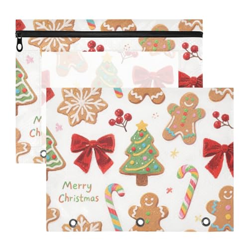 KLL Federmäppchen mit 3 Löchern, Aufbewahrungstasche für A4-Papier, Briefe, 2 Stück, Studenten, Kunstbedarf, Aufbewahrung, Frohe Weihnachten, Cartoon, brauner Lebkuchen von KLL