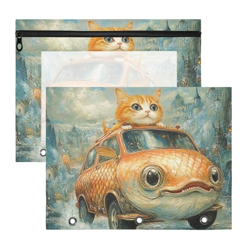KLL Federmäppchen mit 3 Löchern, Stifthalter für A4-Papier, Briefe, 2 Stück, Studenten, Klassenzimmer, lustige Katze, Fischform, Auto von KLL