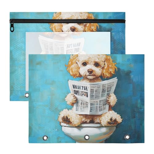 KLL Federmäppchen mit 3 Löchern, Taschenordner für A4-Papier, Briefe, 2 Stück, Lehrer, Schulanfang, niedliche Pudel, Hunde, Retro-WC, Lesen, Zeitung von KLL